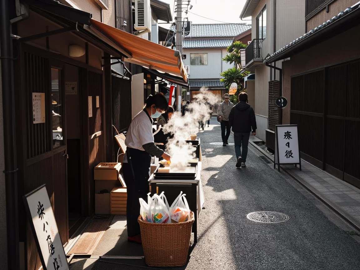 Busy Fukuoka Street Corner Early Afternoon with Local Dining and Urban Details in in Fukuoka, Japan