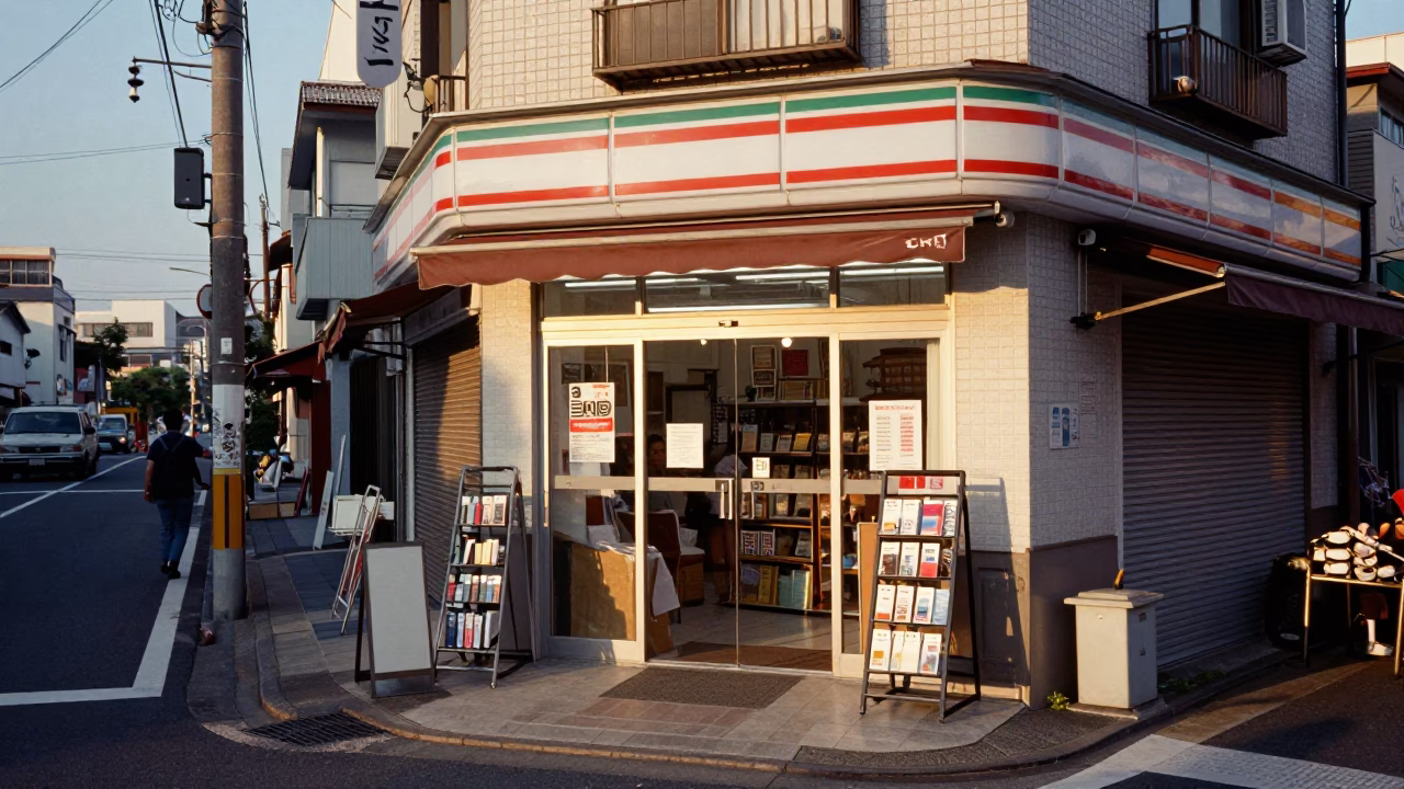 Busy Fukuoka Street Corner Late Afternoon with Local Shop Display and Pedestrians in in Fukuoka, Japan