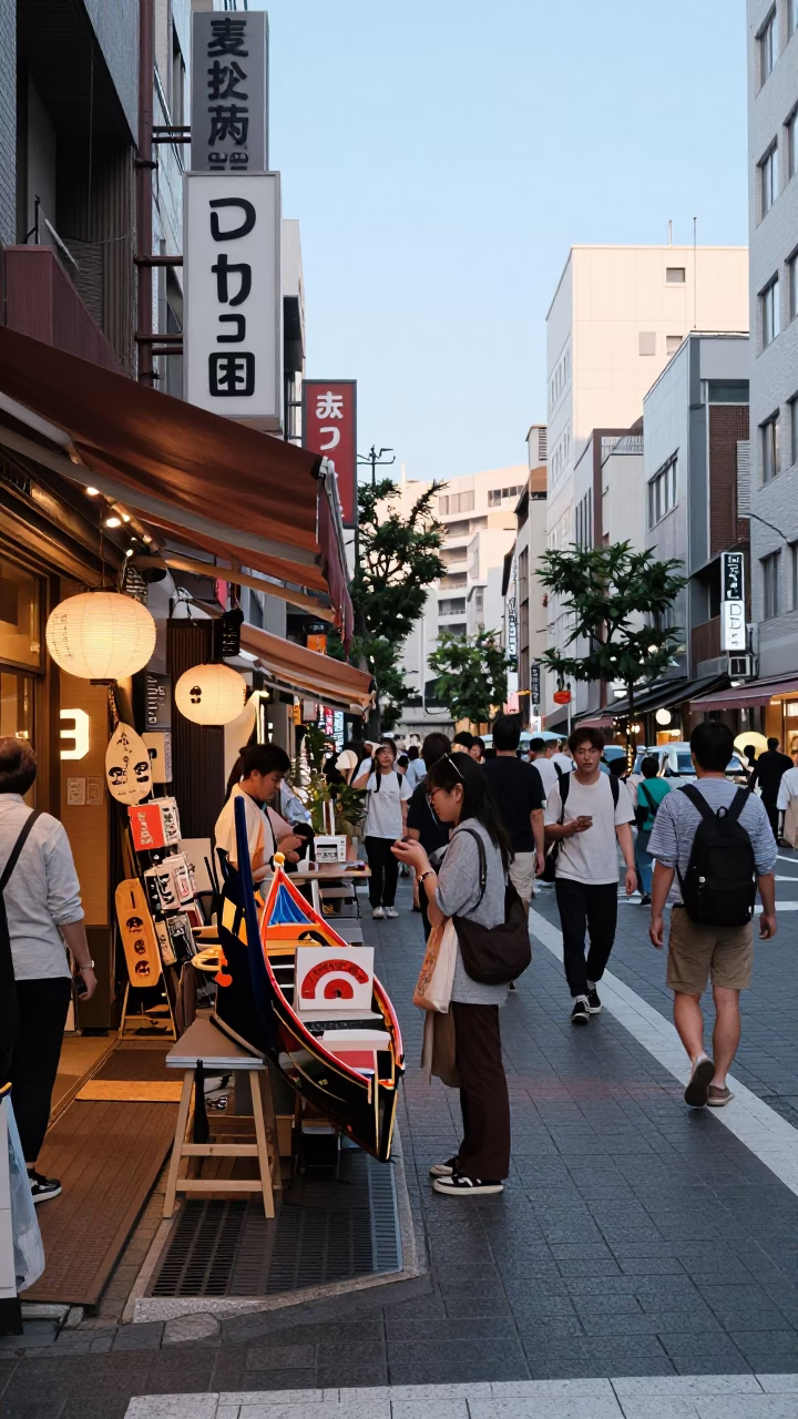 Busy Fukuoka Street Corner Late Morning with Gondola Decor and Garden Cloche in in Fukuoka, Japan
