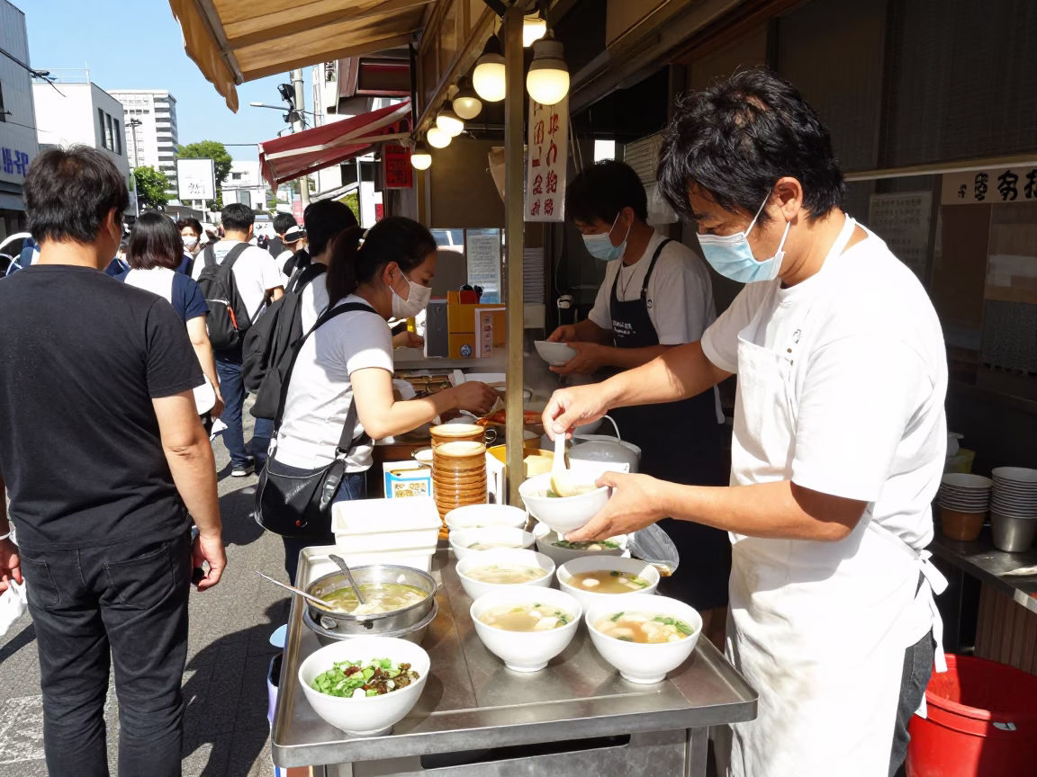 Busy Fukuoka Street Corner Lunch Stall Under Flat Noon Sun With Steam And Condensation in in Fukuoka, Japan