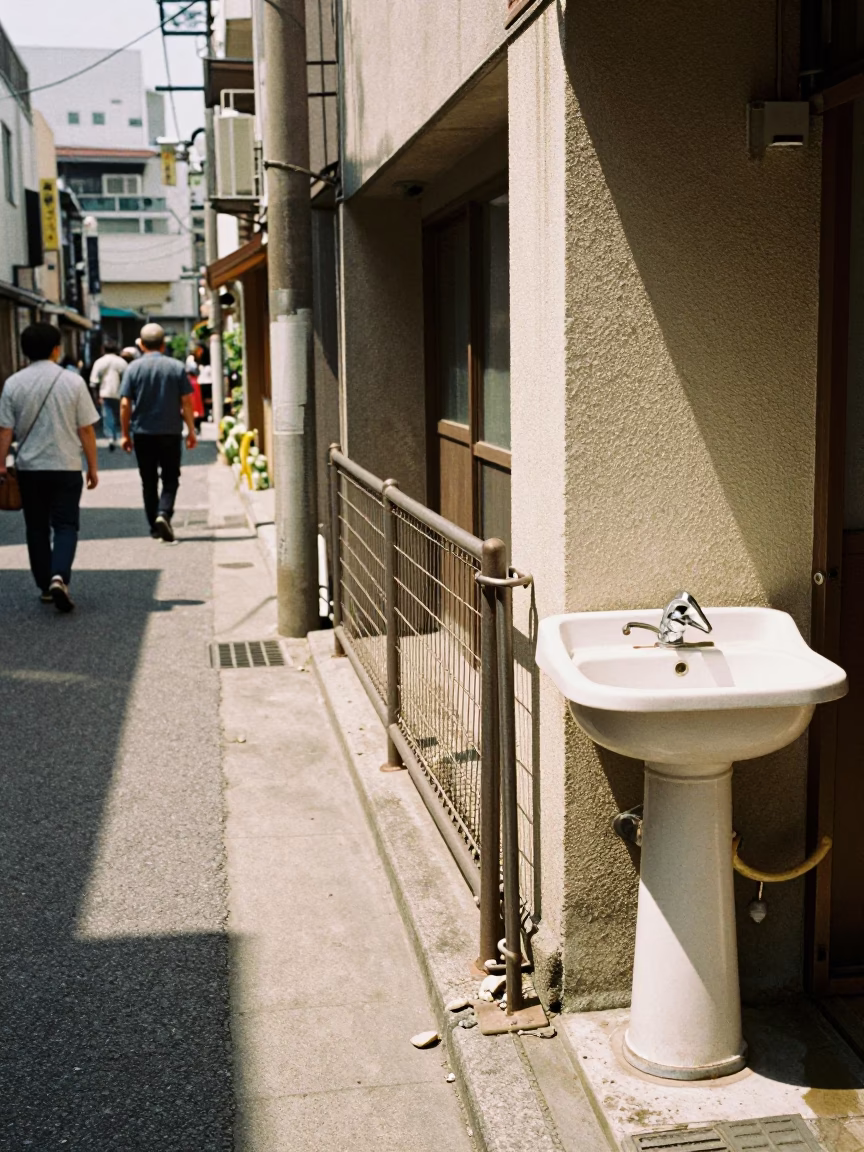 Busy Fukuoka Street Corner with Turnbuckle and Wash Basin Under Noon Sun in in Fukuoka, Japan