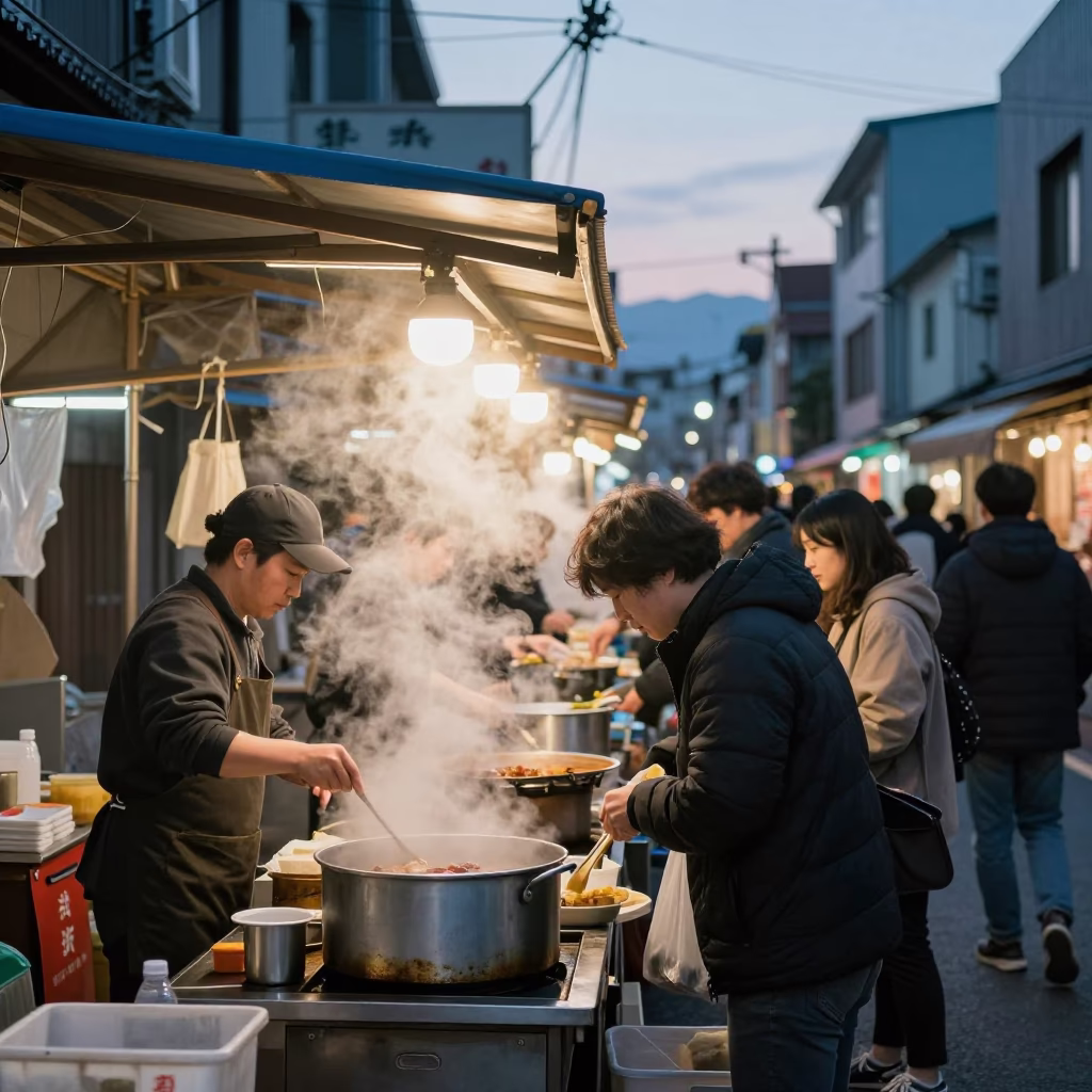 Busy Fukuoka Street Food Stall at Dawn with Steam and Local Diners in in Fukuoka, Japan