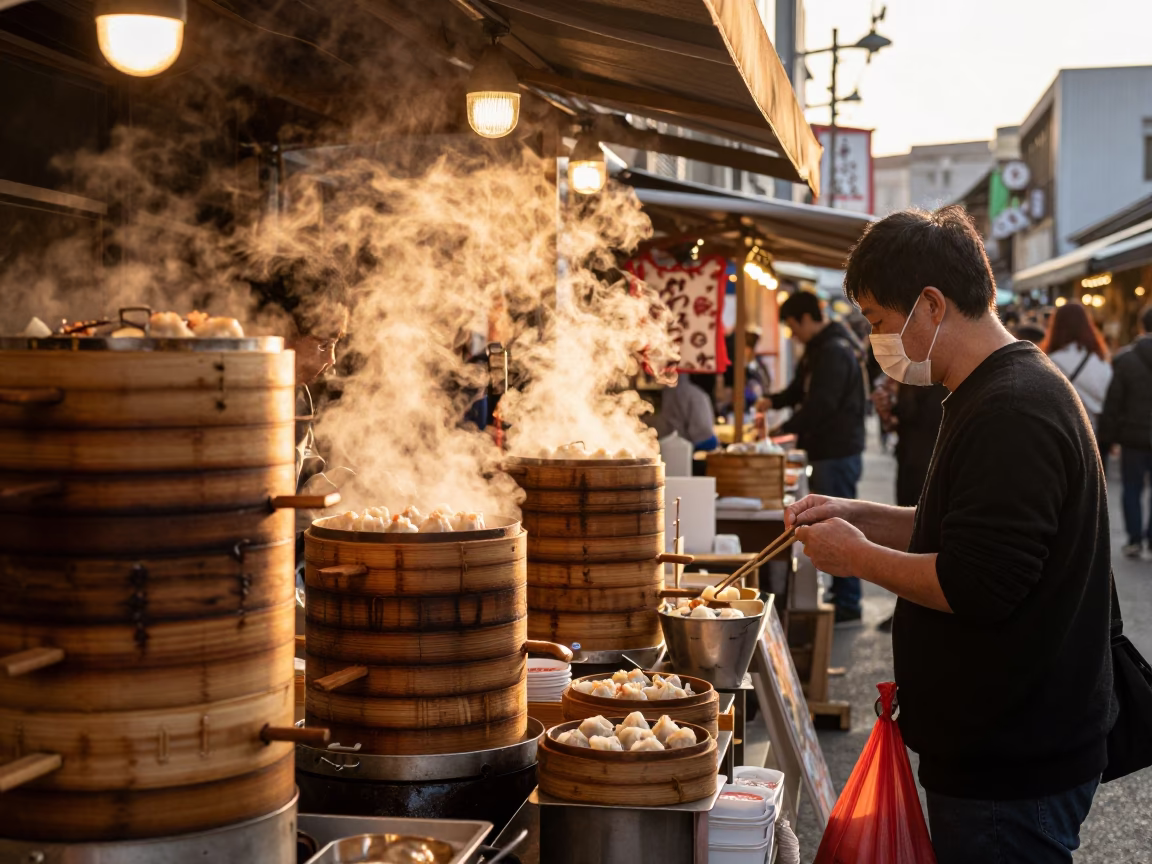 Busy Fukuoka street food stall at golden hour with bamboo steamers and local customers in in Fukuoka, Japan