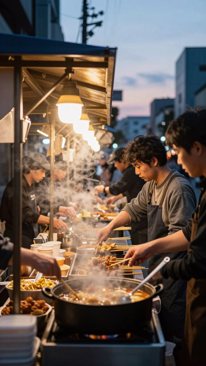Busy Fukuoka Street Food Stall Before Sunrise with Suya Skewers and Local Morning Routine in in Fukuoka, Japan