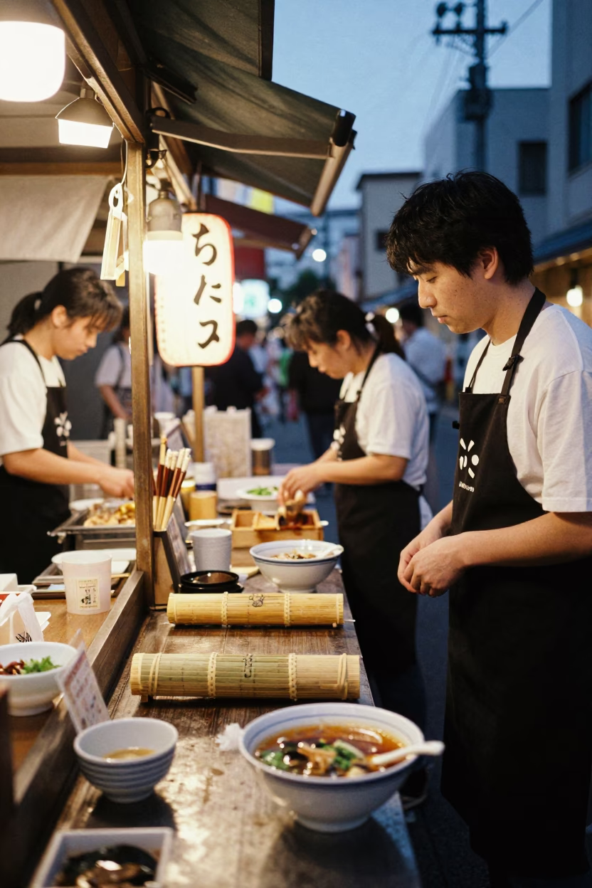 Busy Fukuoka Street Food Stall Evening with Apron and Bamboo Roll in in Fukuoka, Japan