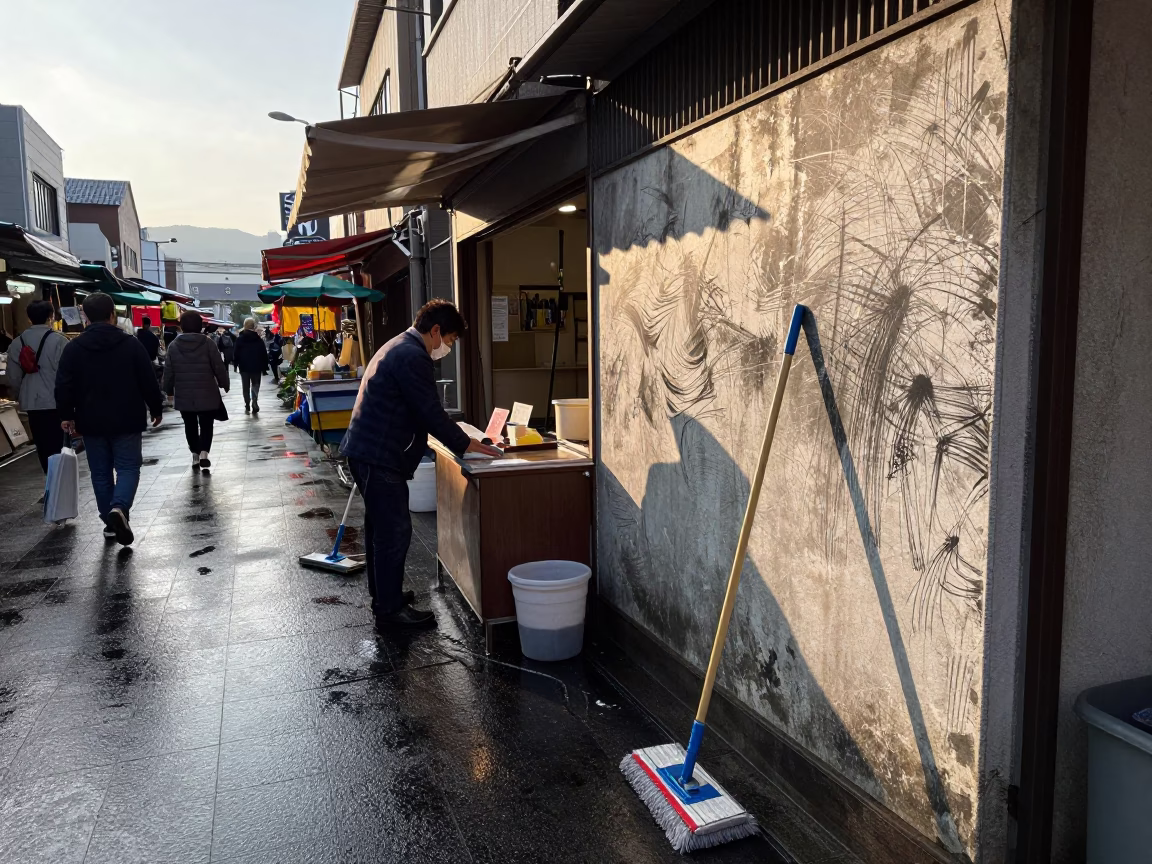 Busy Fukuoka Street Market Just After Sunrise with Cleaning Mops and Scratched Wall in in Fukuoka, Japan