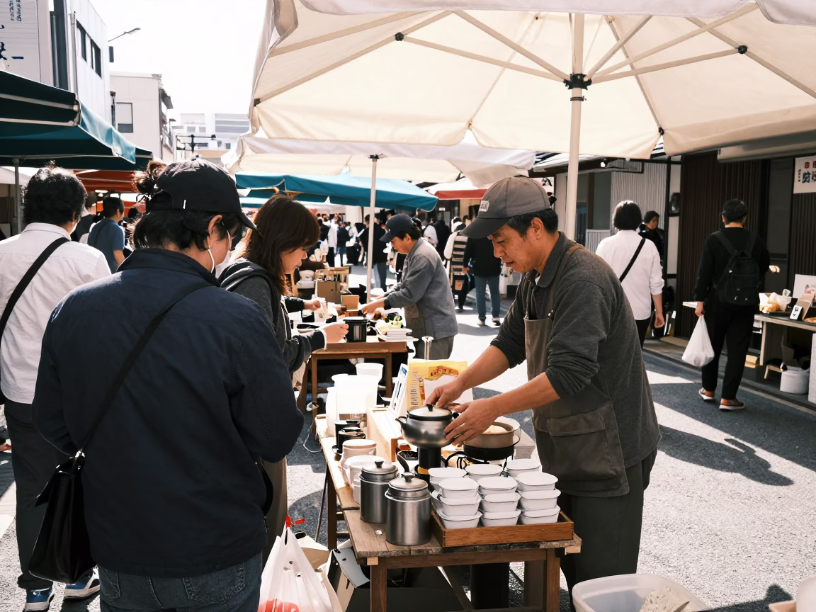 Busy Fukuoka Street Market Morning with Tea Canister and Urban Activity in in Fukuoka, Japan