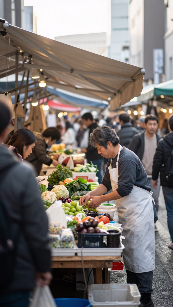 Busy Fukuoka Street Market Morning with Vendor and Customers in in Fukuoka, Japan