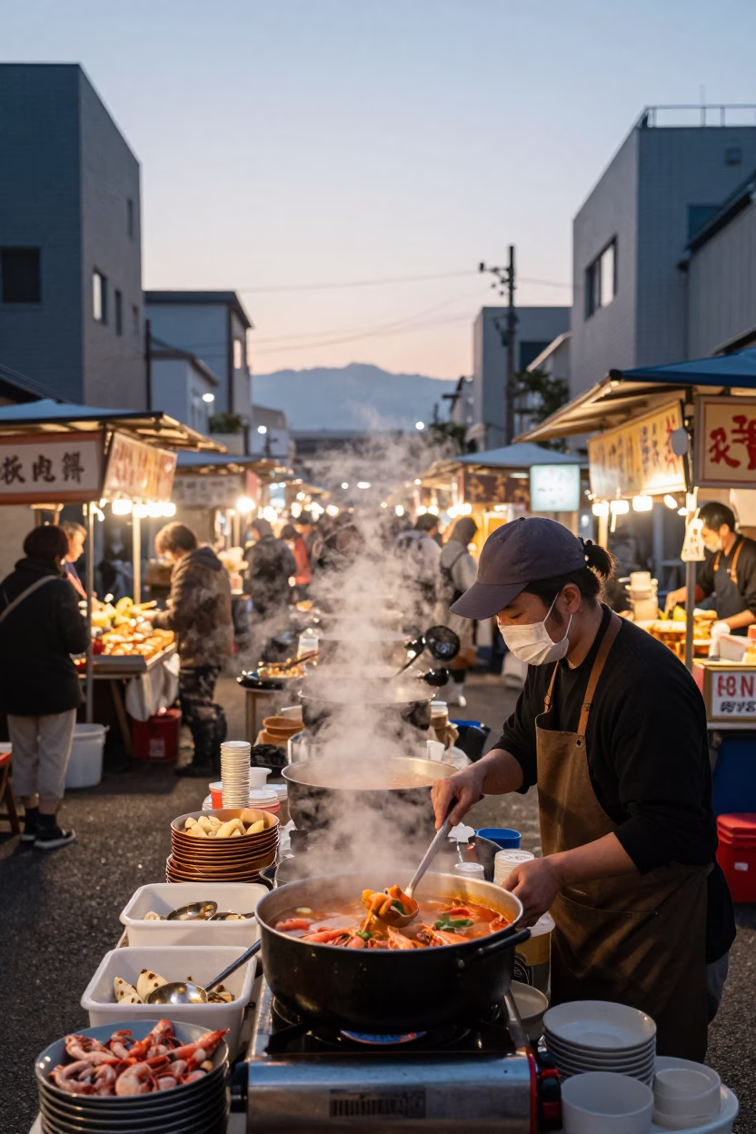 Busy Fukuoka Street Market Scene at Nautical Dawn with Local Vendors in in Fukuoka, Japan