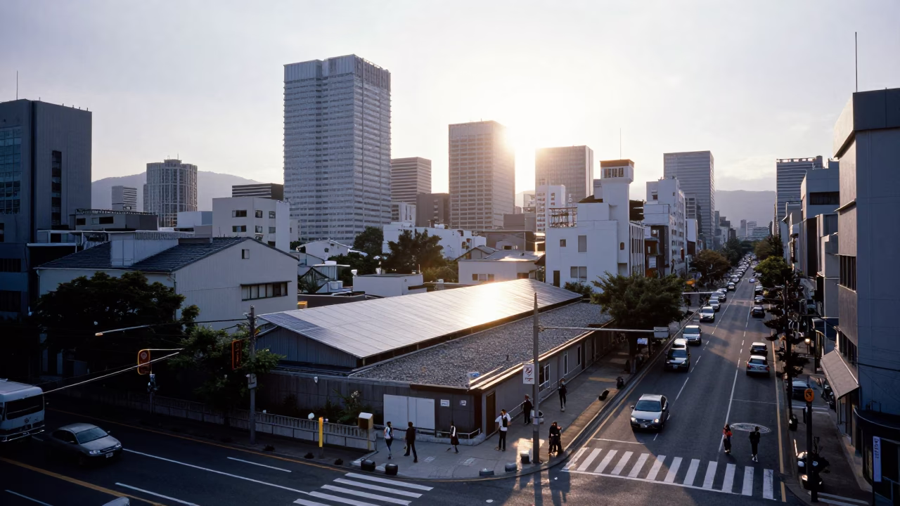 Busy Fukuoka Street Scene After Sunrise with Solar Array and Local Life in in Fukuoka, Japan