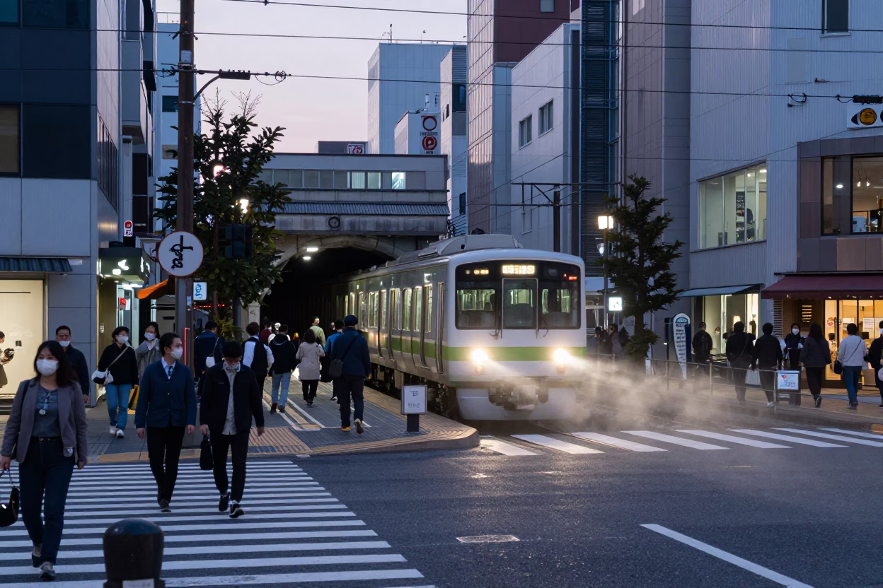 Busy Fukuoka Street Scene at Dawn with Metro Train and Tiffin Tin in in Fukuoka, Japan