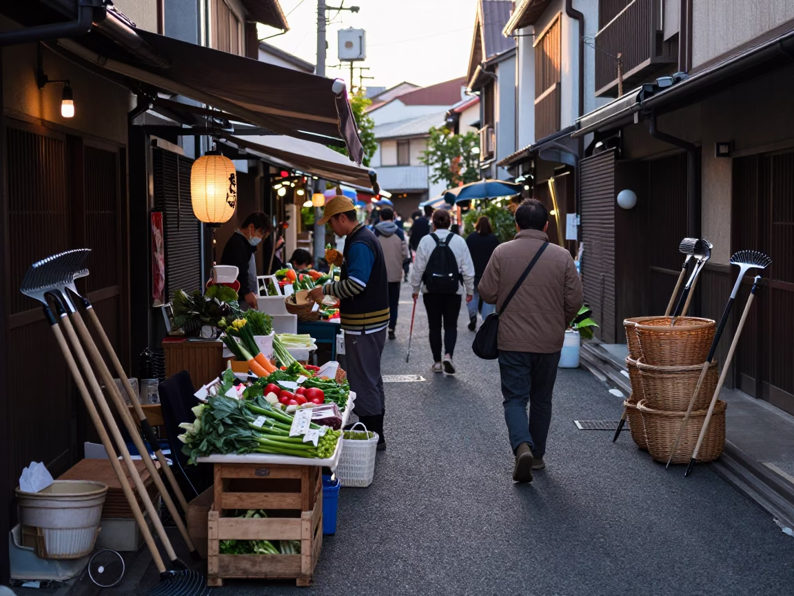 Busy Fukuoka Street Scene at Dawn with Rake Heads and Traditional Tools in in Fukuoka, Japan