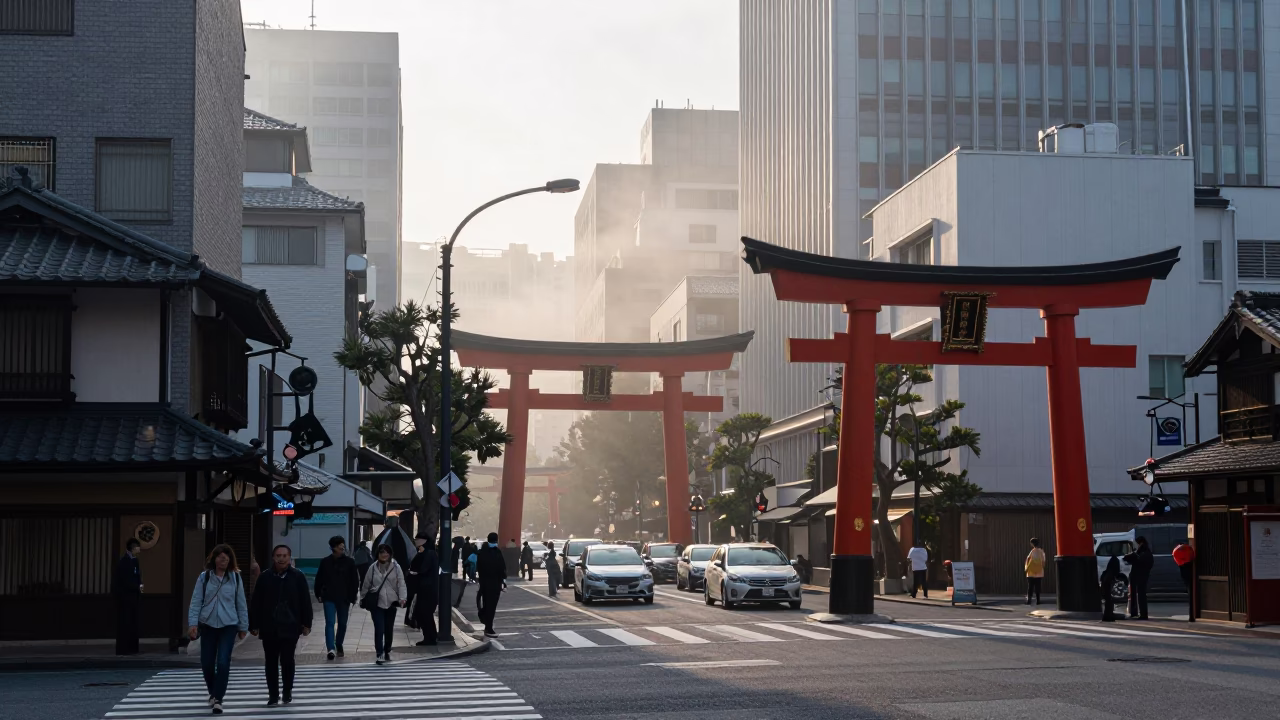 Busy Fukuoka Street Scene at Dawn with Traditional Architecture and Morning Commuters in in Fukuoka, Japan