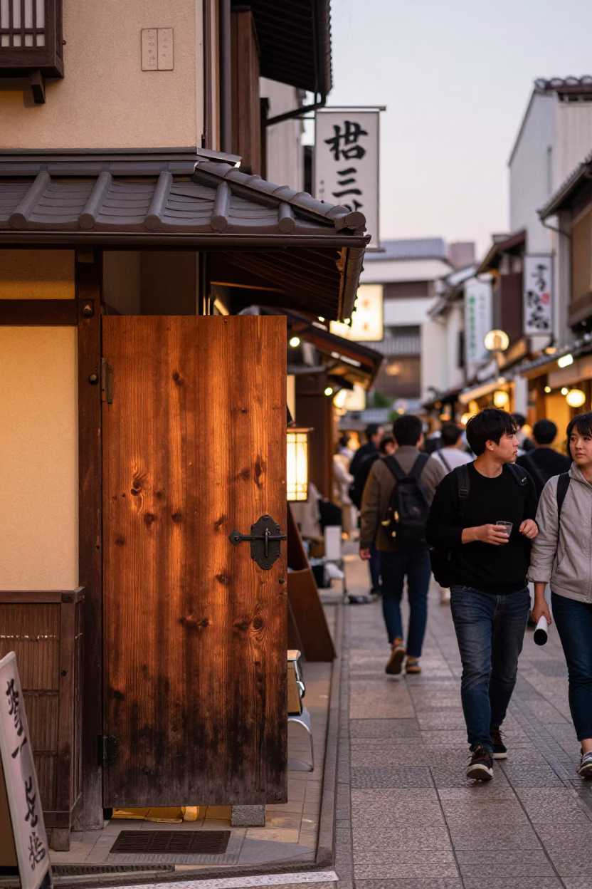 Busy Fukuoka Street Scene at Dusk with Latch and Tongs in Traditional Shop in in Fukuoka, Japan