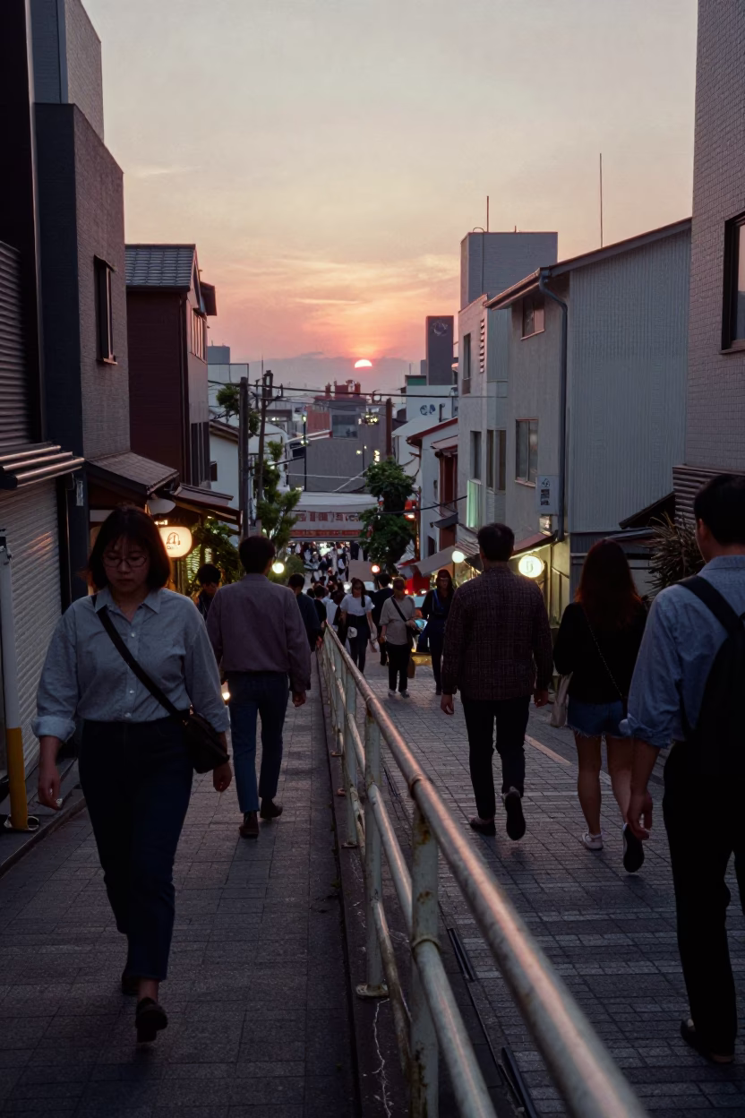 Busy Fukuoka Street Scene at Dusk with Stair Rail and Jade Bonsai in in Fukuoka, Japan