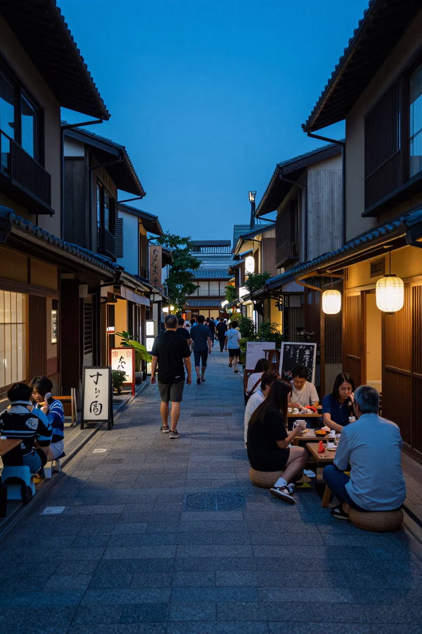 Busy Fukuoka street scene at dusk with traditional architecture and local dining in in Fukuoka, Japan