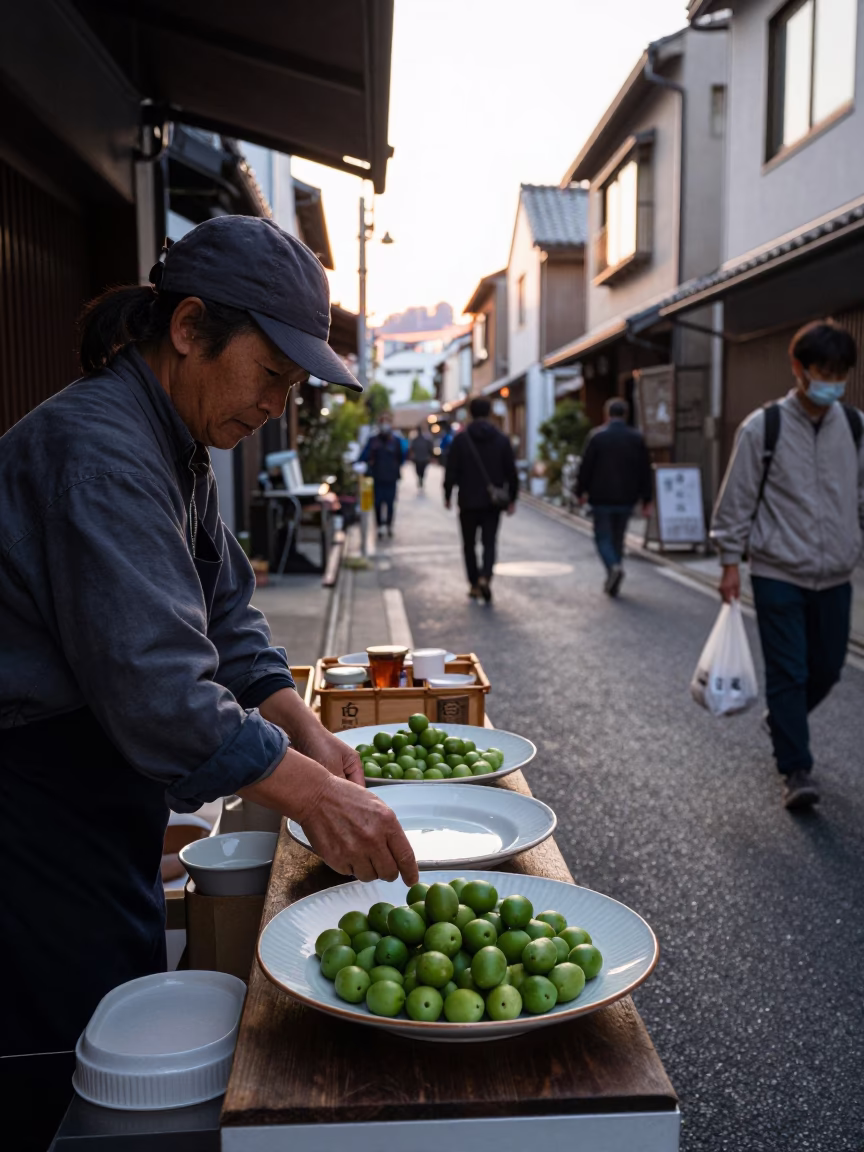 Busy Fukuoka Street Scene at First Light with Ceramic Plate and Clear Glass Hook in in Fukuoka, Japan
