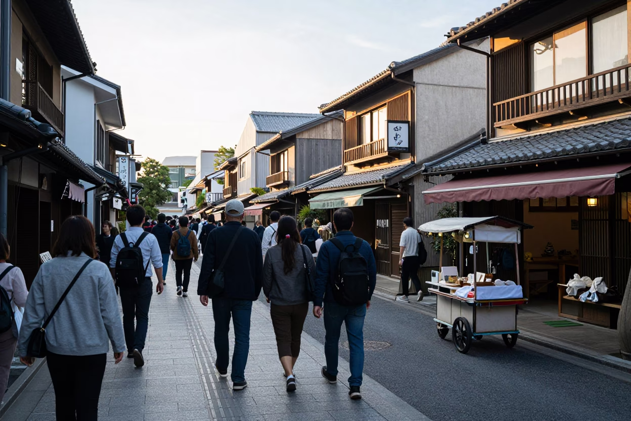 Busy Fukuoka Street Scene at First Light with Traditional Tea and Local Commerce in in Fukuoka, Japan