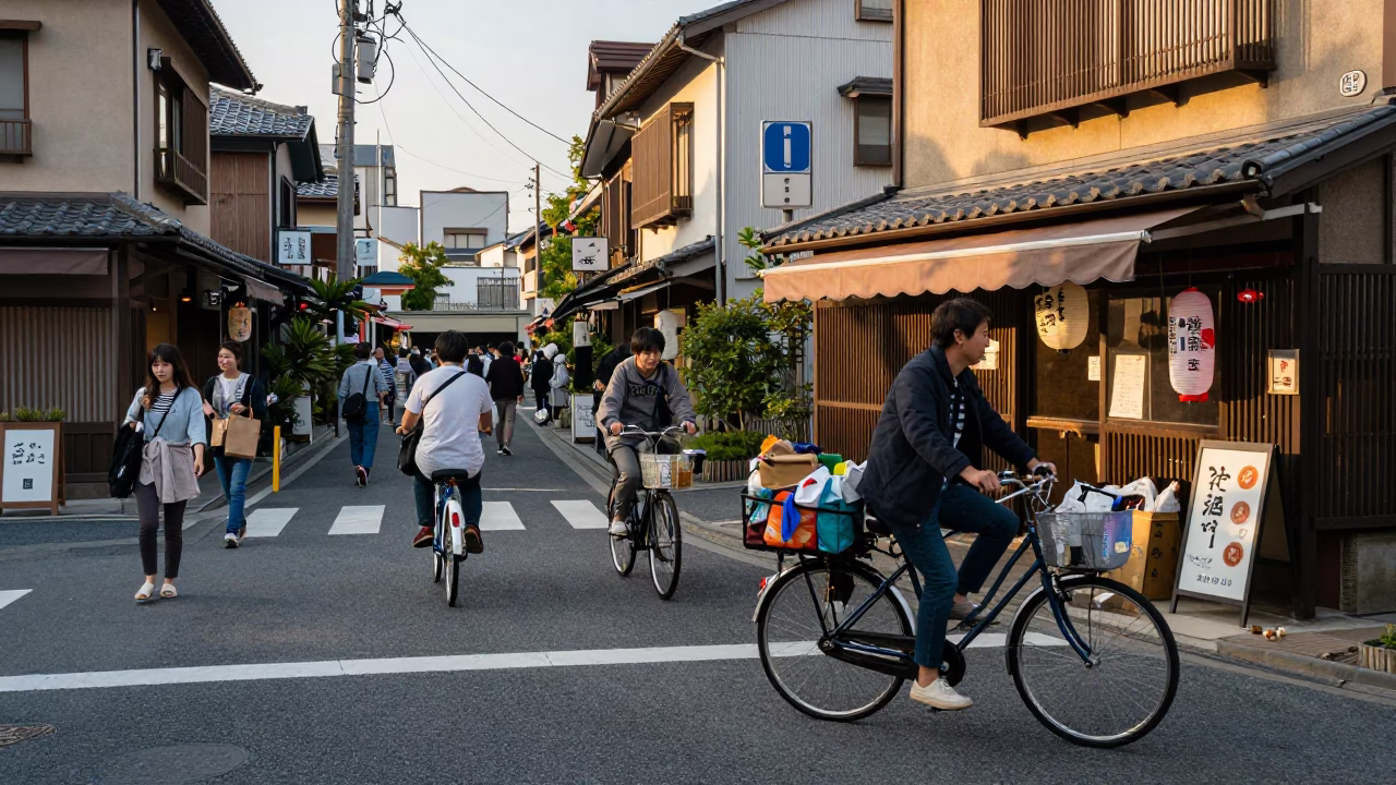 Busy Fukuoka Street Scene at Golden Hour with Bicycle and Local Details in in Fukuoka, Japan