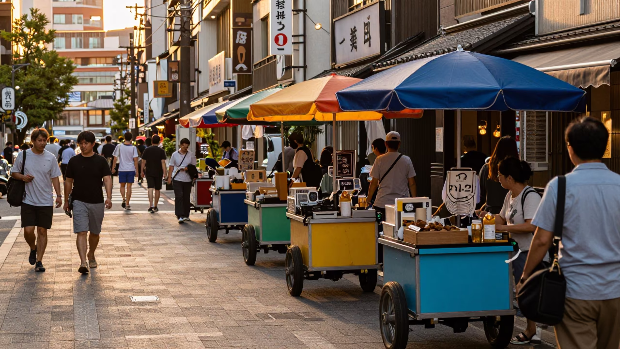 Busy Fukuoka Street Scene at Golden Hour with Rolling Carts and Umbrellas in in Fukuoka, Japan