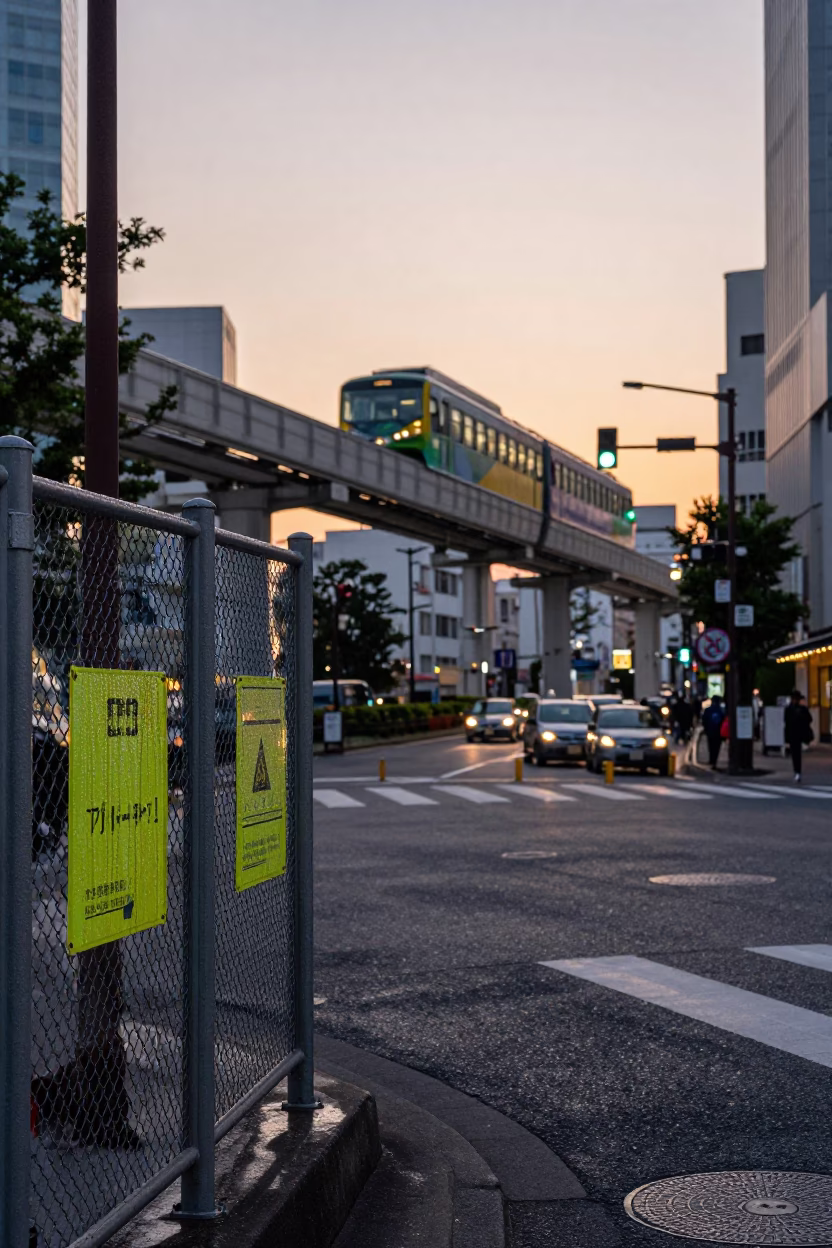 Busy Fukuoka Street Scene at Nautical Dawn with Monorail and Substation Fence in in Fukuoka, Japan