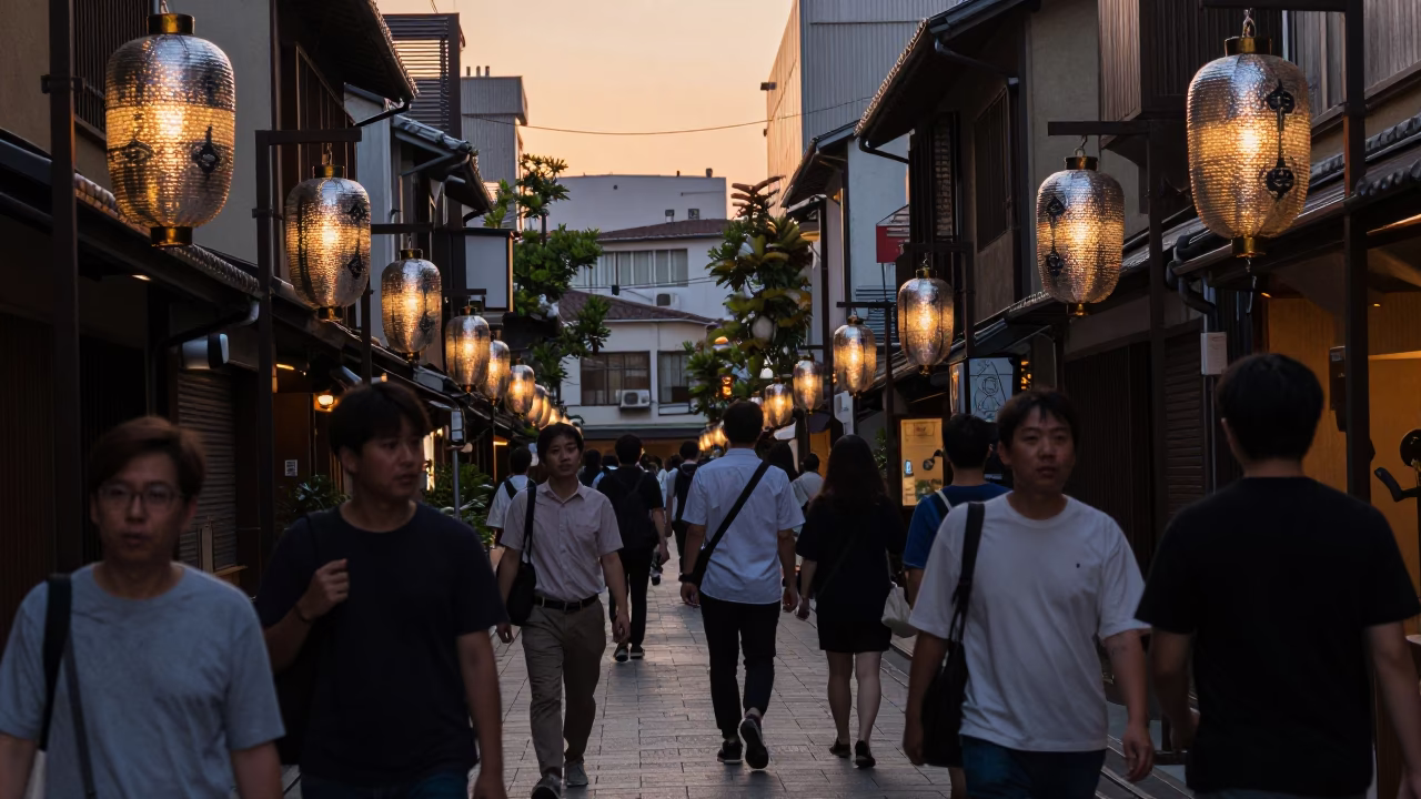 Busy Fukuoka Street Scene at Sunset with Hammered Metal Lanterns in in Fukuoka, Japan