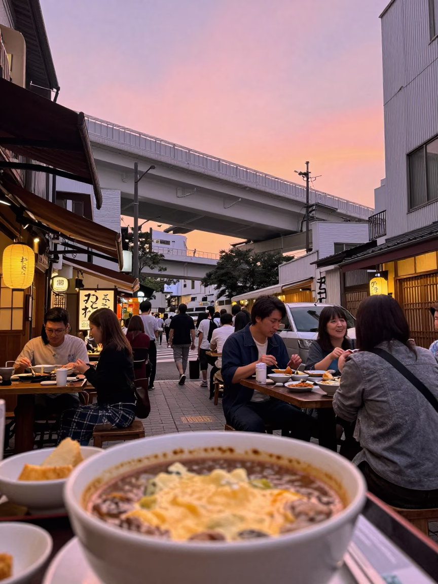 Busy Fukuoka Street Scene at Sunset with Highway Flyover and Local Dining in in Fukuoka, Japan