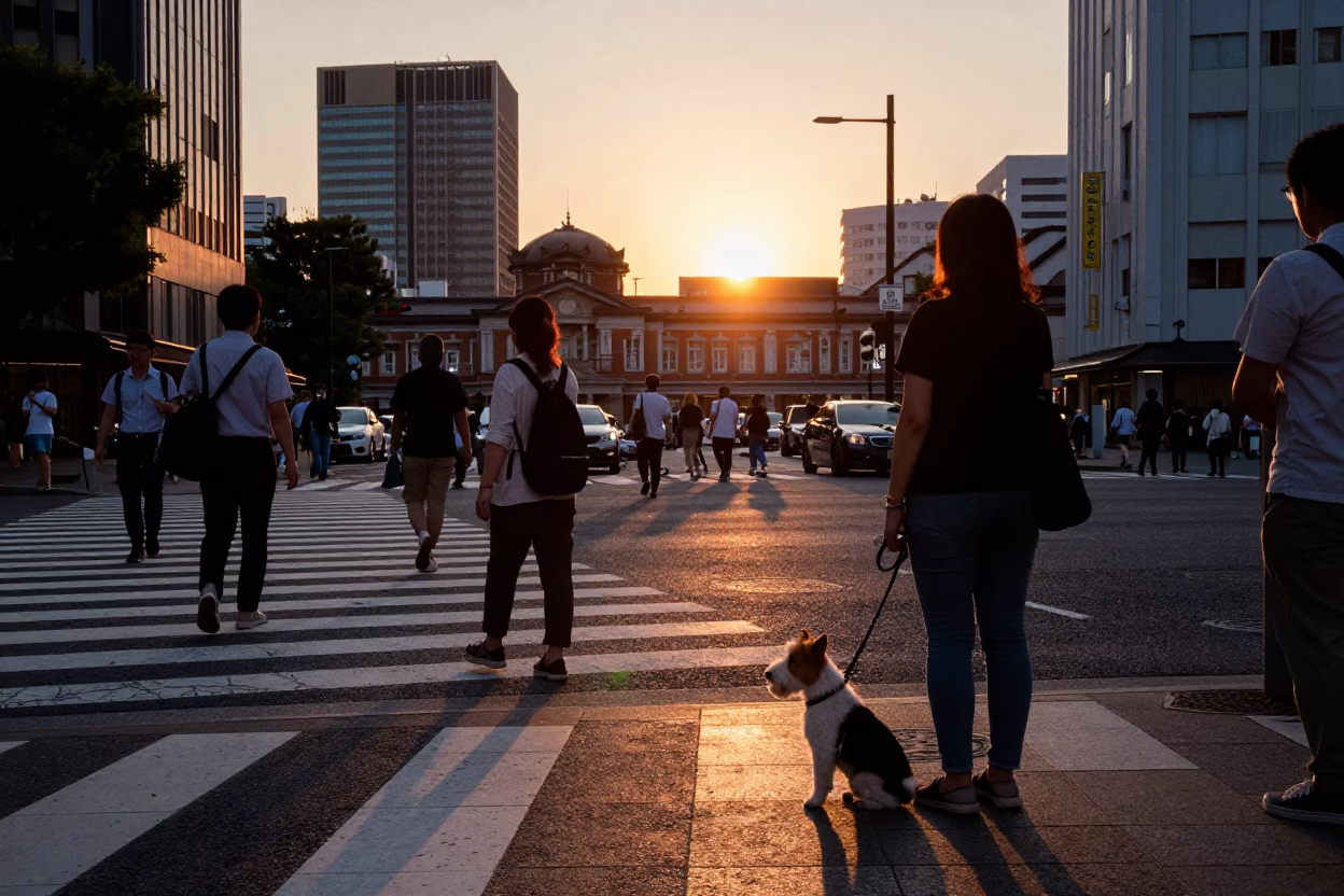 Busy Fukuoka street scene at sunset with locals and traditional details in in Fukuoka, Japan