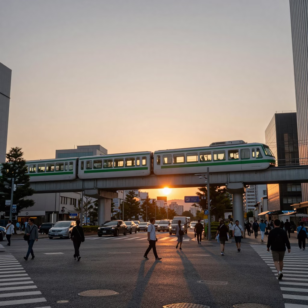 Busy Fukuoka Street Scene at Sunset with Monorail and Dappled Shadows in in Fukuoka, Japan