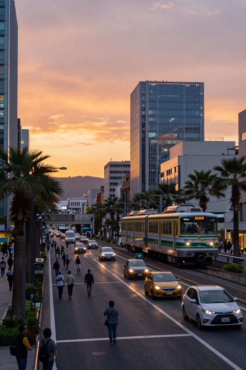 Busy Fukuoka Street Scene at Sunset with Monorail and Traditional Elements in in Fukuoka, Japan