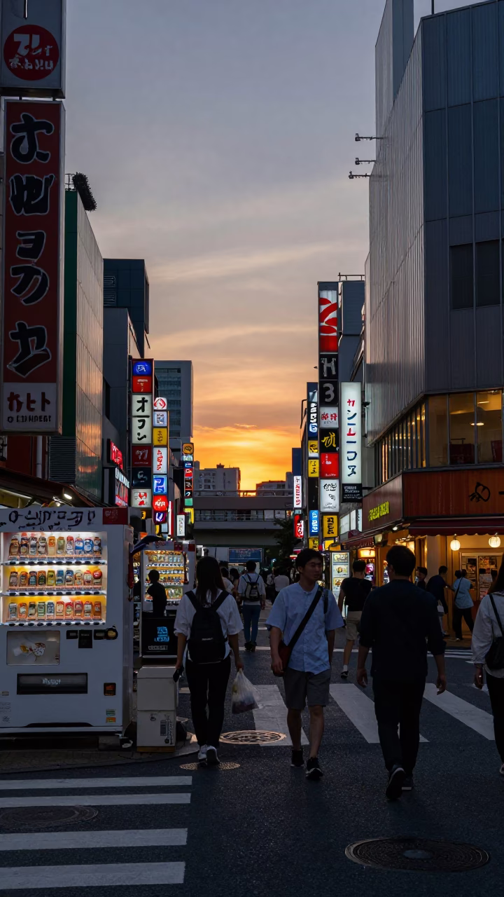Busy Fukuoka Street Scene at Sunset with Vending Machines and Local Pedestrians in in Fukuoka, Japan