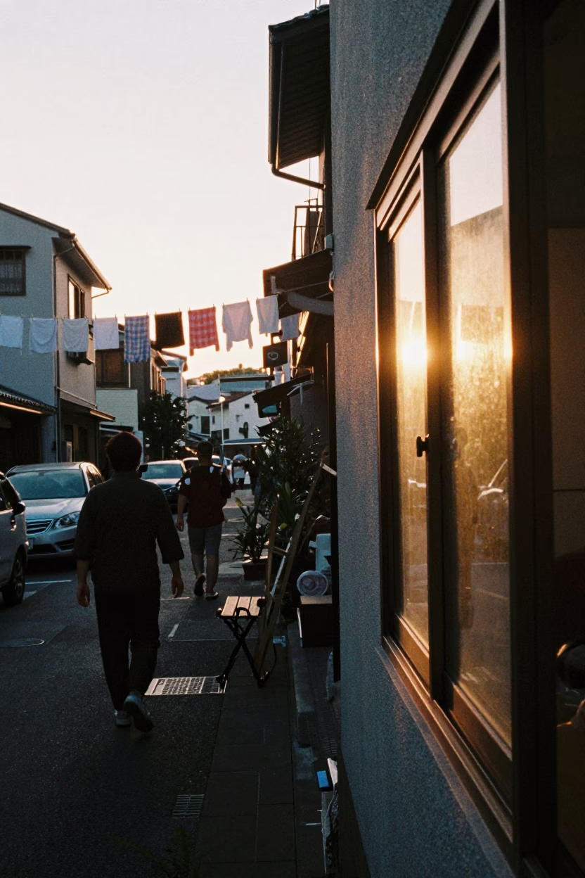Busy Fukuoka Street Scene at Sunset with Window Light and Clothesline in in Fukuoka, Japan