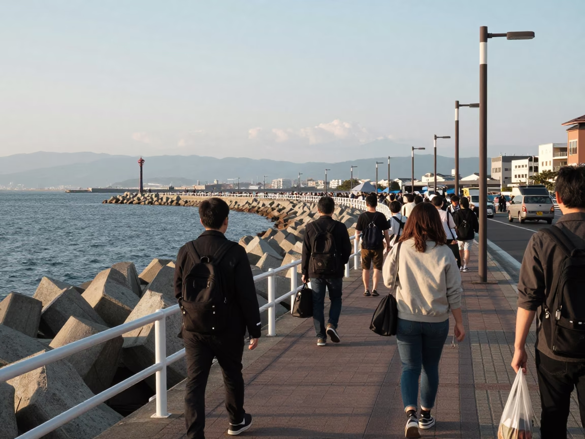 Busy Fukuoka Street Scene Early Afternoon with Breakwater and Harbor Beacon View in in Fukuoka, Japan