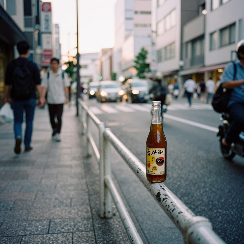 Busy Fukuoka Street Scene Early Afternoon with Vintage Bottle and Scratched Rail in in Fukuoka, Japan