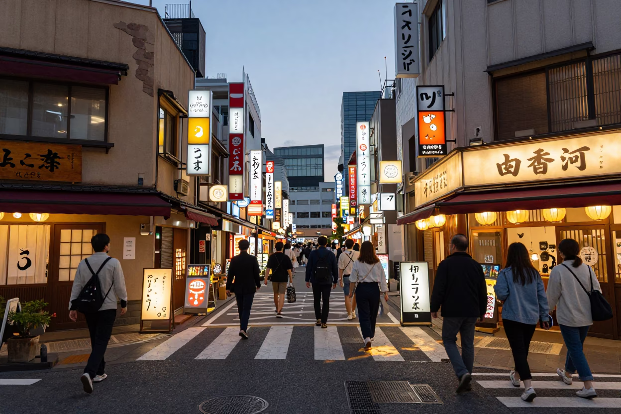 Busy Fukuoka Street Scene Early Evening with Leaf Shadows and Urban Details in in Fukuoka, Japan