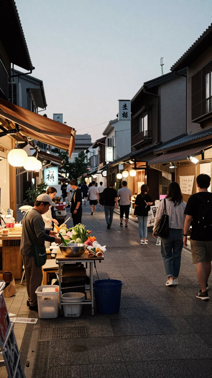 Busy Fukuoka Street Scene Early Evening with Traditional Shopfronts and Urban Life in in Fukuoka, Japan