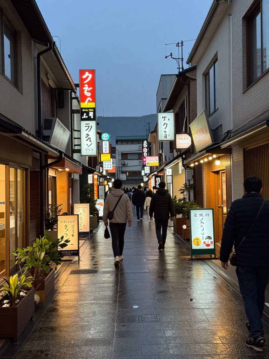 Busy Fukuoka Street Scene Early Evening with Window Box and Traditional Architecture in in Fukuoka, Japan