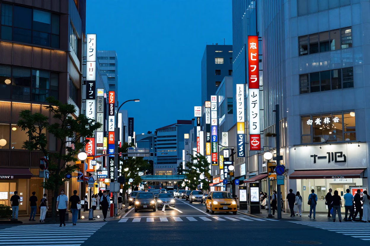 Busy Fukuoka Street Scene in Blue Hour Evening Light with Local Life in in Fukuoka, Japan