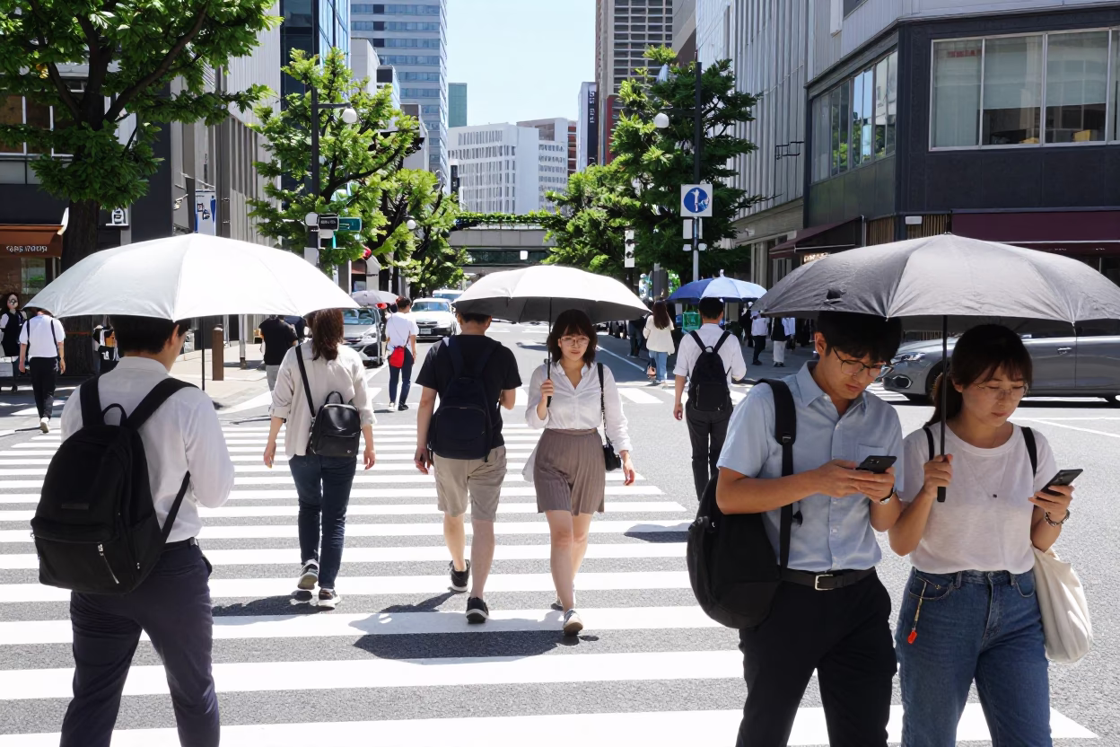 Busy Fukuoka Street Scene in Bright Midmorning Light with Local Urban Details in in Fukuoka, Japan