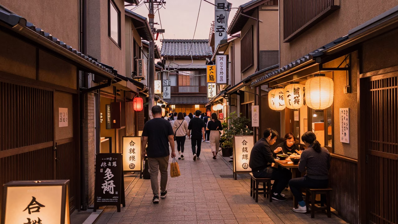 Busy Fukuoka Street Scene in Copper Toned Dusk Light with Local Dining Elements in in Fukuoka, Japan