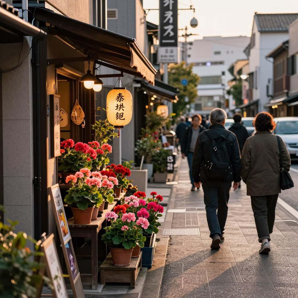 Busy Fukuoka Street Scene in Honeyed Evening Light with Local Life and Potted Geraniums in in Fukuoka, Japan