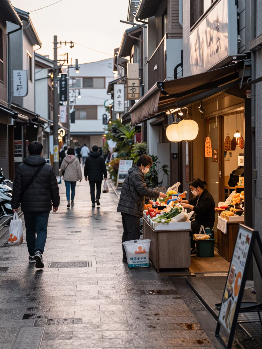 Busy Fukuoka Street Scene Just After Sunrise with Local Shopkeeper and Morning Light in in Fukuoka, Japan