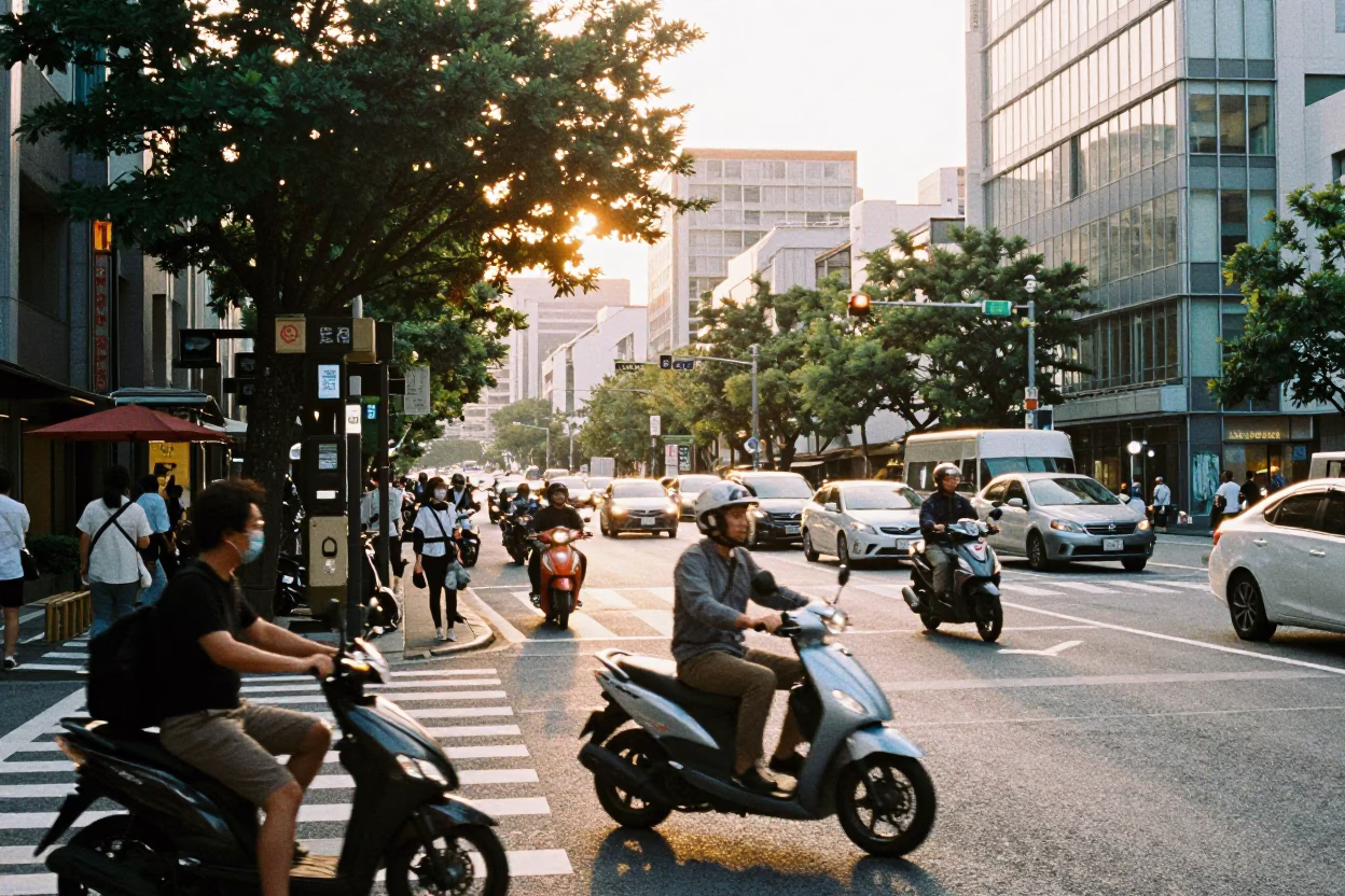 Busy Fukuoka Street Scene Just After Sunrise with Scooter Traffic and Glass Bottles in in Fukuoka, Japan