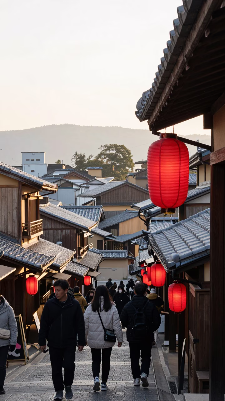Busy Fukuoka Street Scene Just After Sunrise with Traditional Lanterns and Morning Commuters in in Fukuoka, Japan