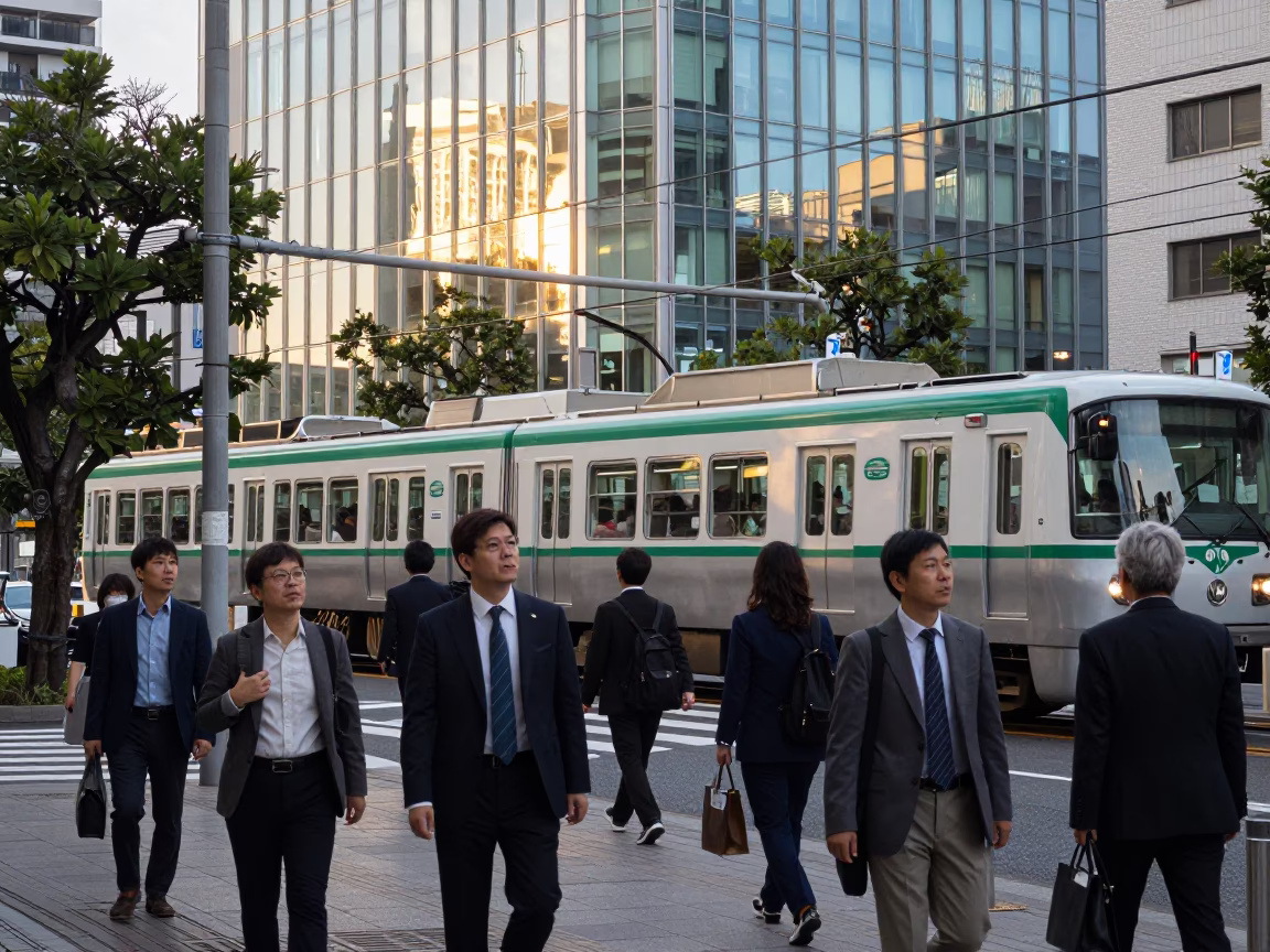 Busy Fukuoka Street Scene Late Afternoon Monorail Passing Glass Towers in in Fukuoka, Japan