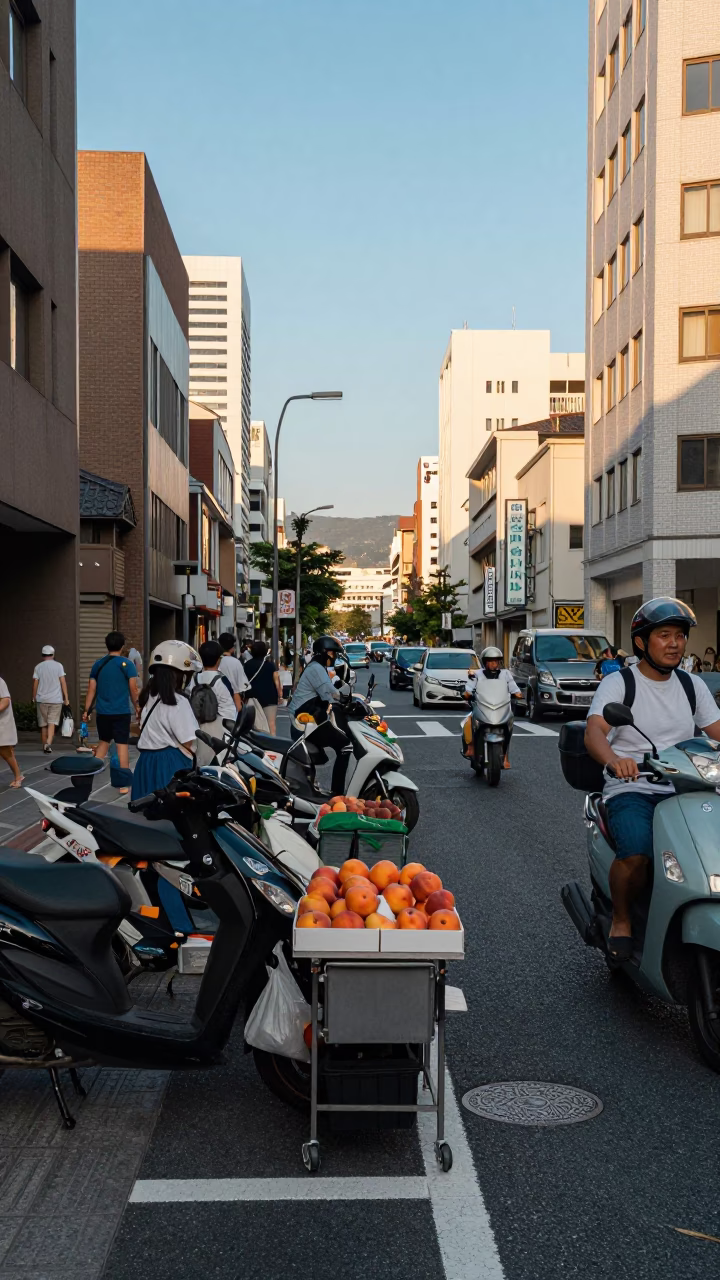 Busy Fukuoka Street Scene Late Afternoon with Scooter and Local Market Goods in in Fukuoka, Japan