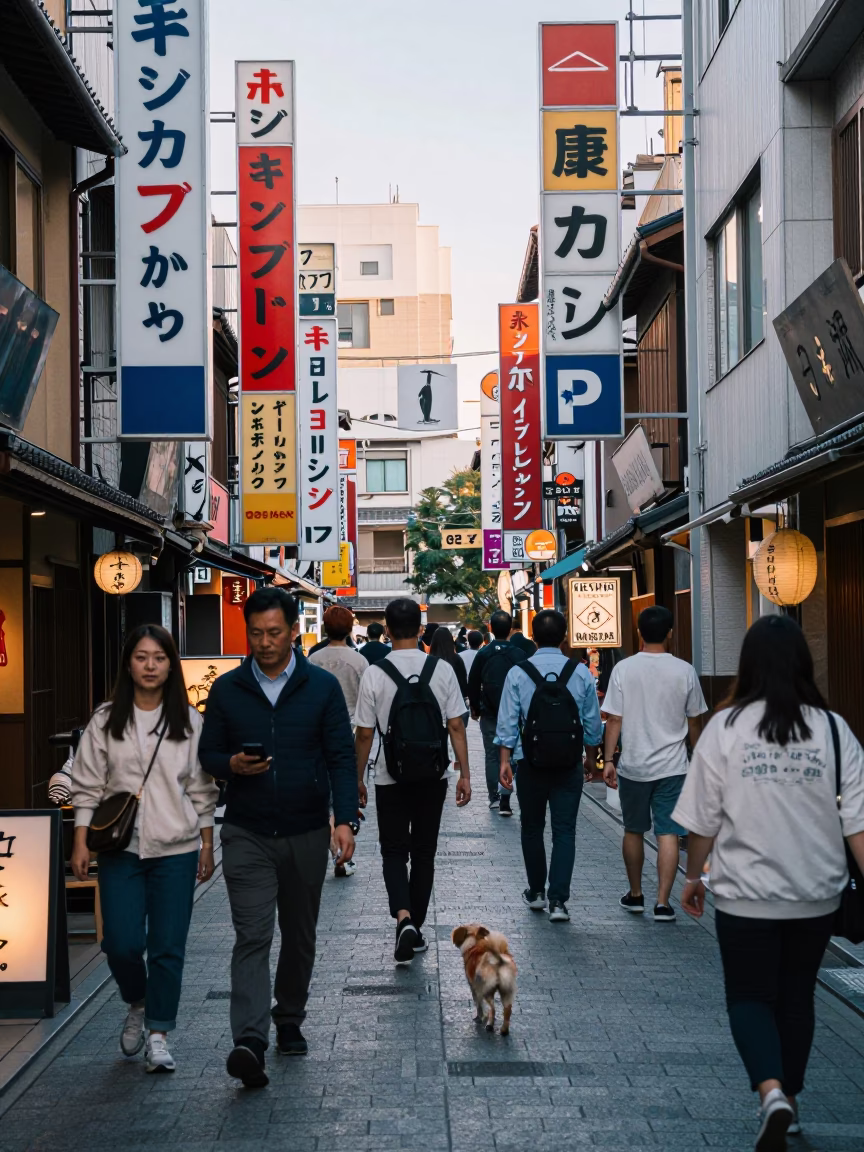 Busy Fukuoka Street Scene Late Afternoon with Small Dog and Postcards in in Fukuoka, Japan