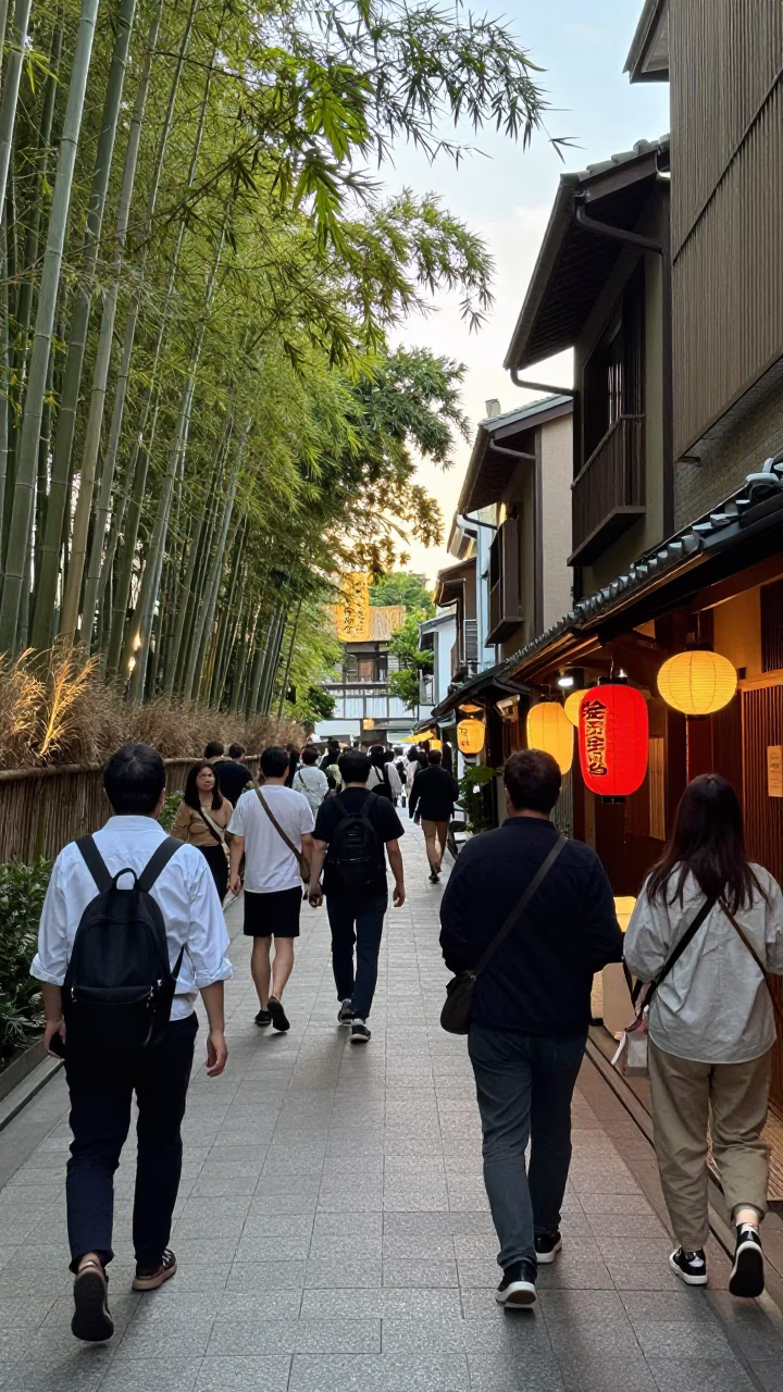 Busy Fukuoka Street Scene Late Morning with Bamboo Forest Background and Lanterns in in Fukuoka, Japan