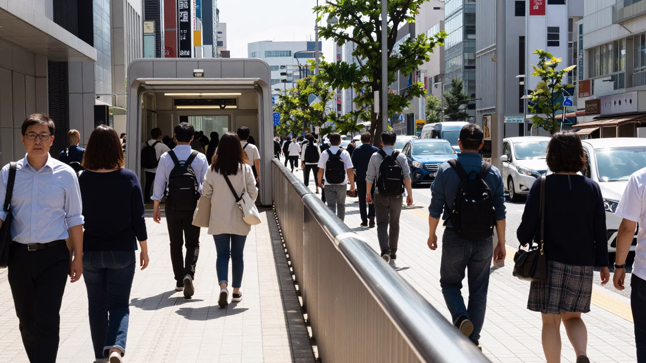Busy Fukuoka Street Scene Midday with Brushed Steel Rail and Bench in Japan in in Fukuoka, Japan