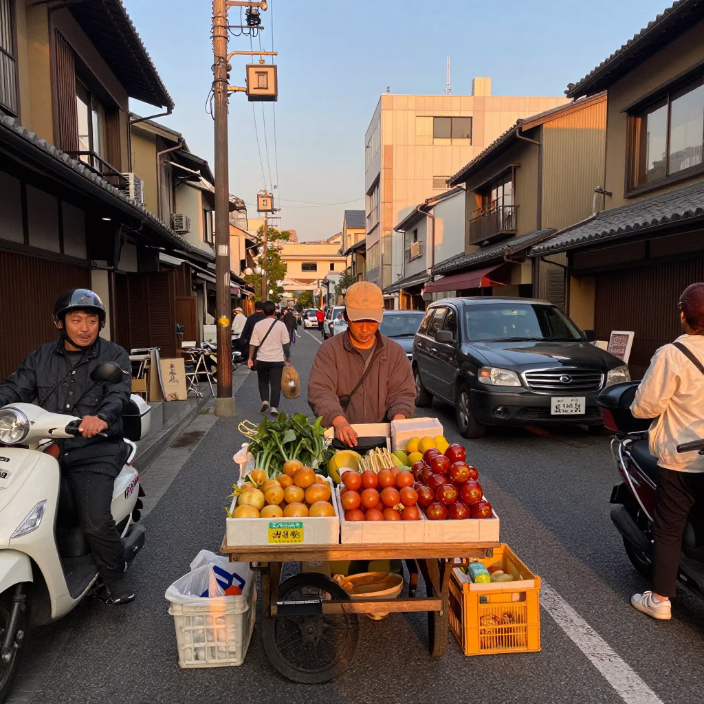 Busy Fukuoka street scene with fruit crate in honeyed evening light in in Fukuoka, Japan